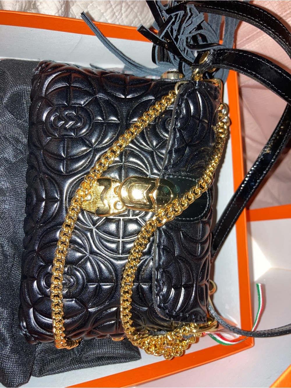 Marino Orlandi Black Quilted Crossbody with Gold Chain